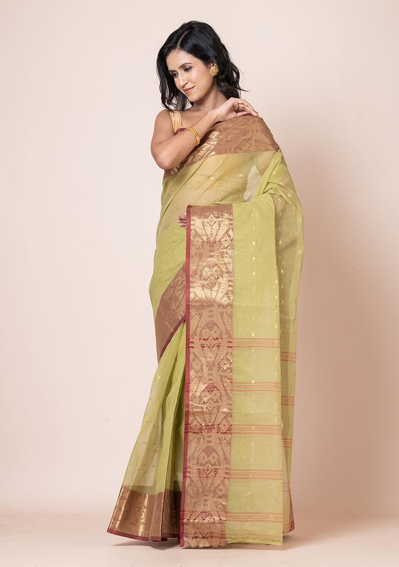 Mehendi Green Zari Work Cotton Saree (Without Blouse)