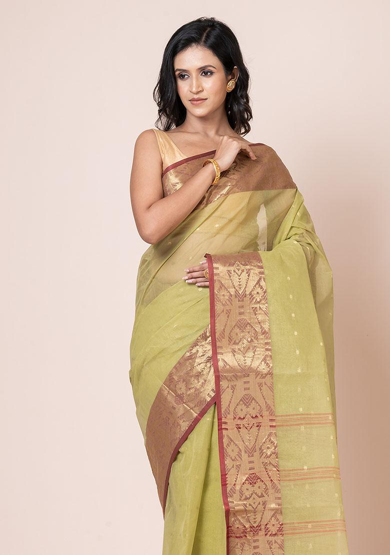 Mehendi Green Zari Work Cotton Saree (Without Blouse)