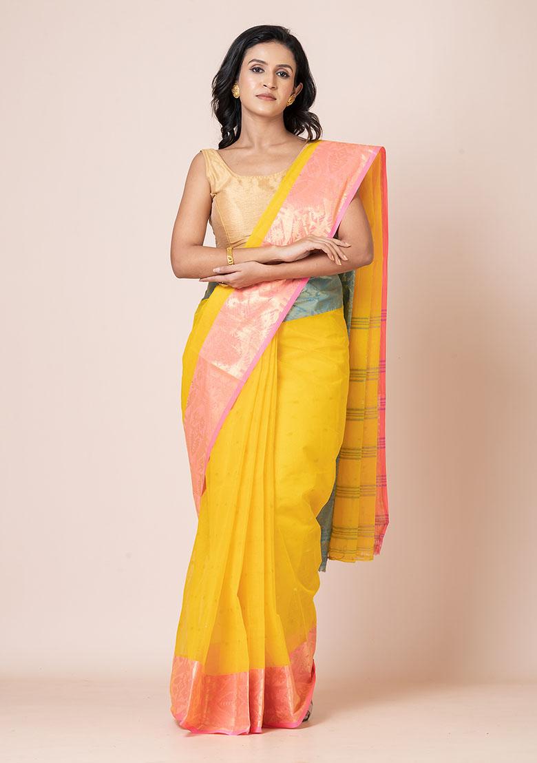 Yellow Zari Work Cotton Saree (Without Blouse)