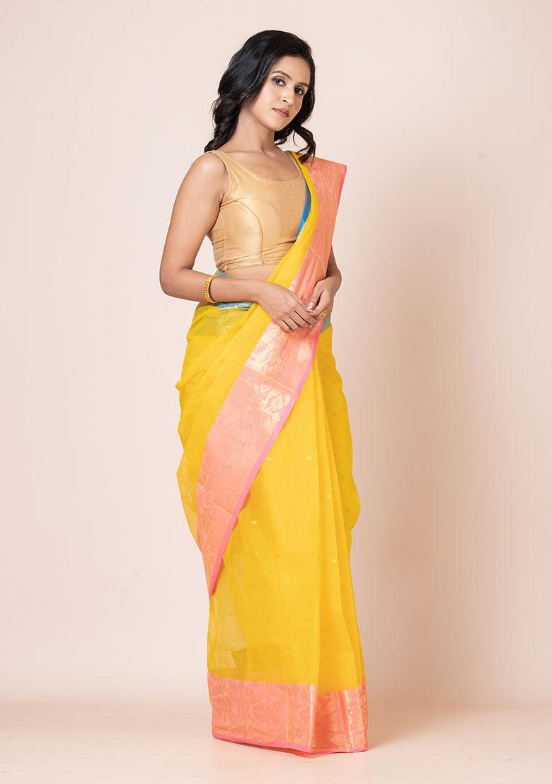 Yellow Zari Work Cotton Saree (Without Blouse)