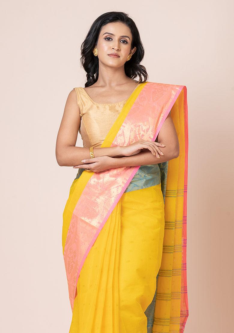 Yellow Zari Work Cotton Saree (Without Blouse)