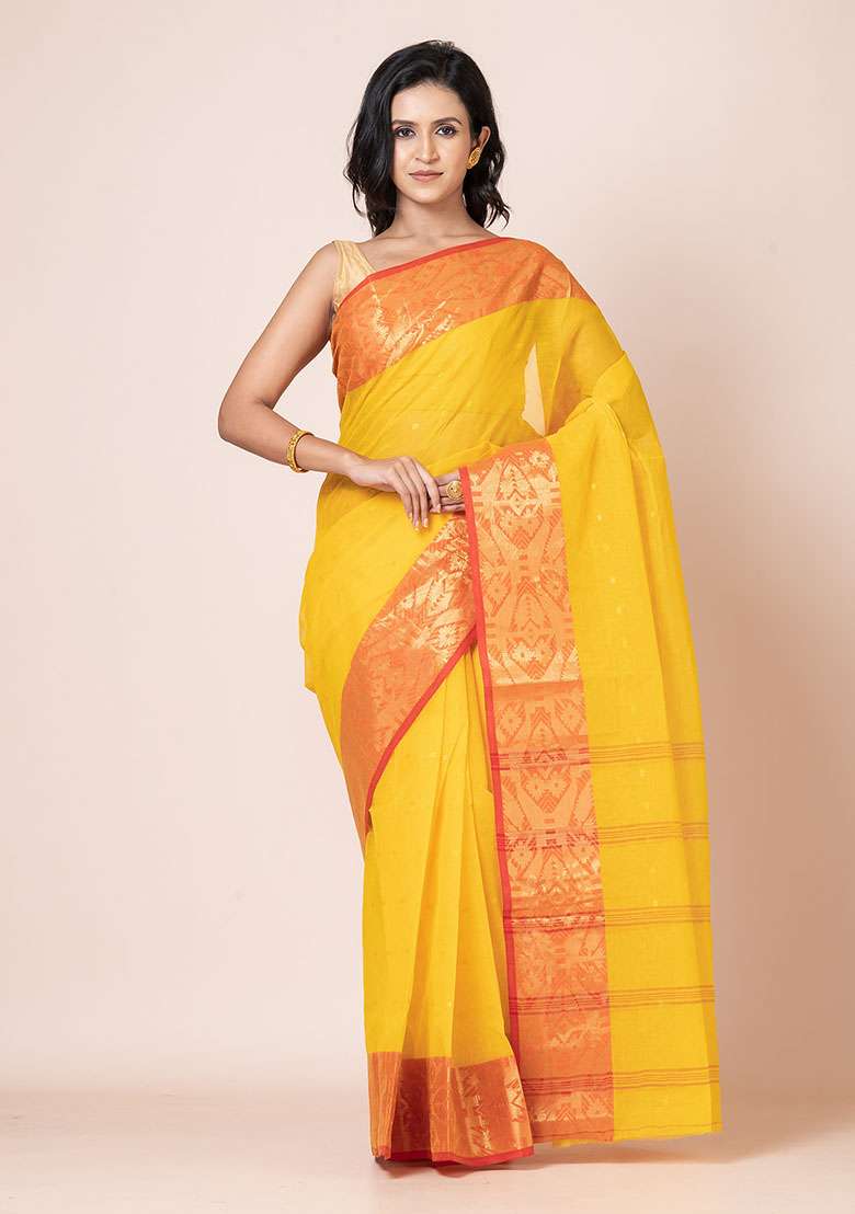 Yellow Zari Work Cotton Saree (Without Blouse) - Indya
