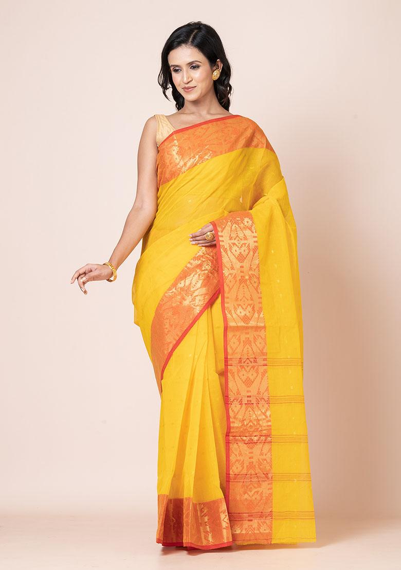 Yellow Zari Work Cotton Saree (Without Blouse)