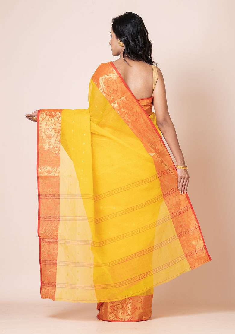 Yellow Zari Work Cotton Saree (Without Blouse) - Indya