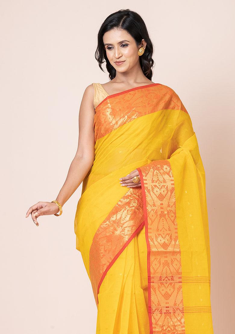 Yellow Zari Work Cotton Saree (Without Blouse)