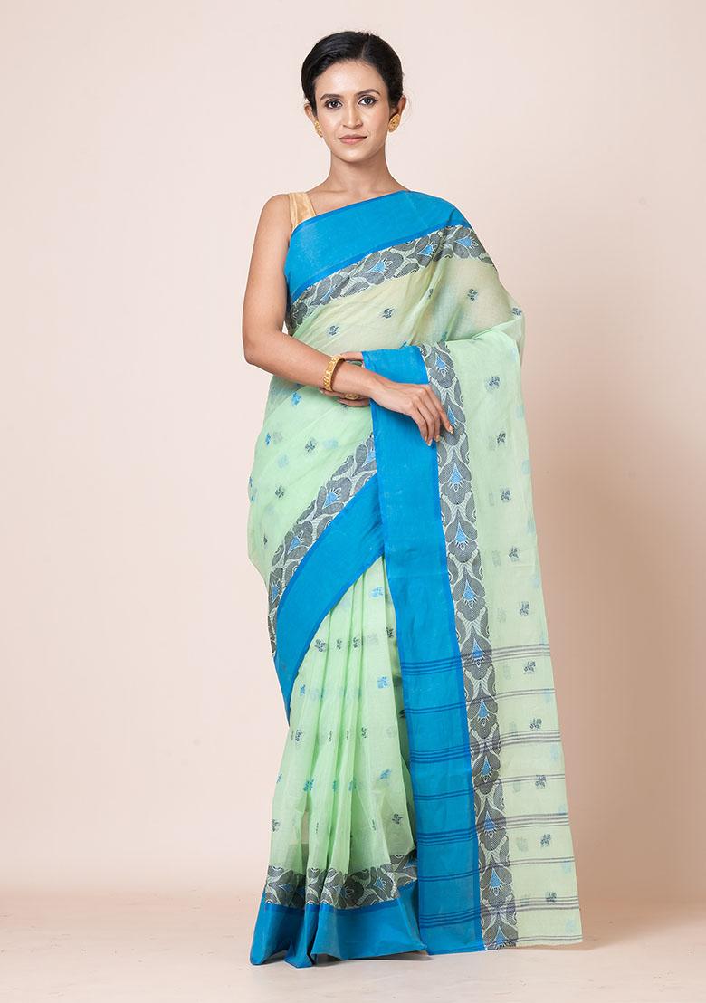 Green Buti Work Cotton Saree (Without Blouse)