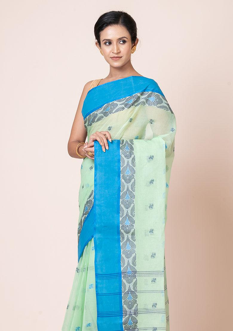 Green Buti Work Cotton Saree (Without Blouse)