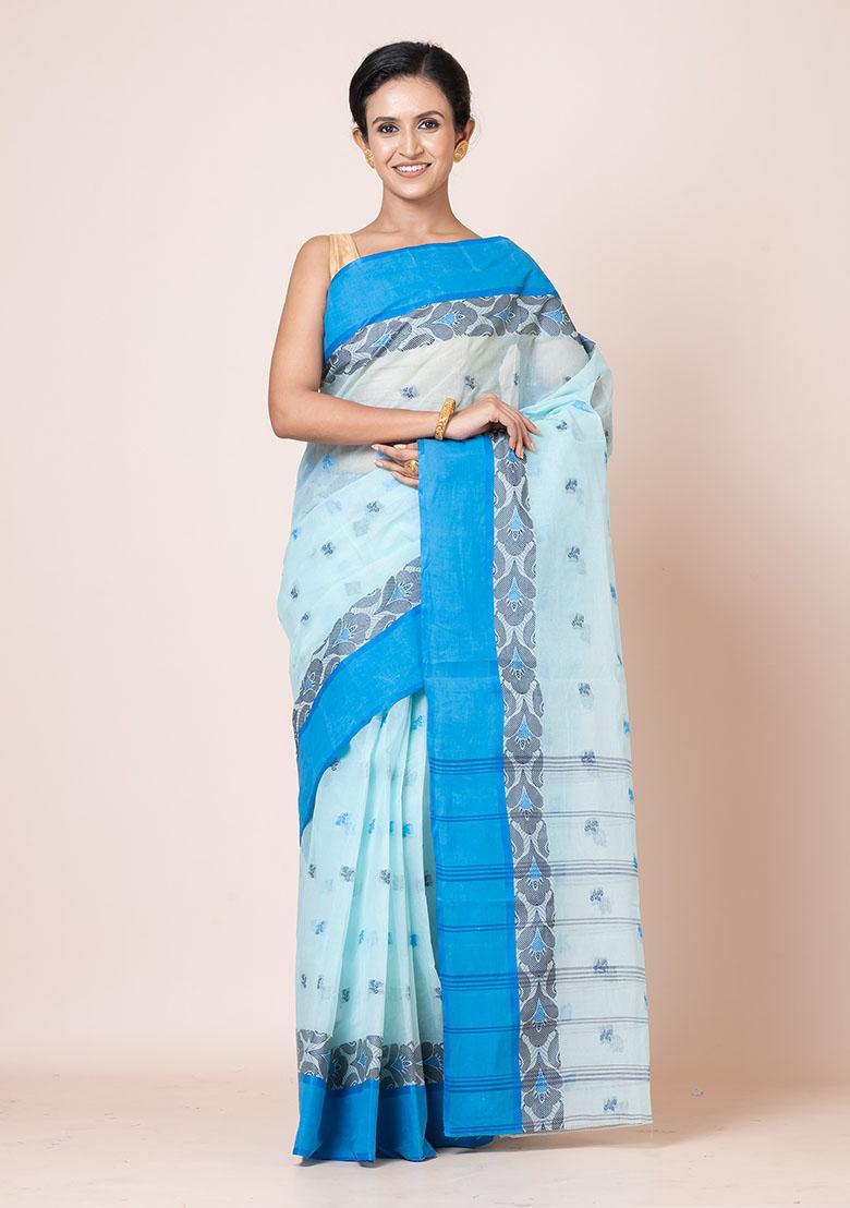Sea Green Buti Work Cotton Saree (Without Blouse)