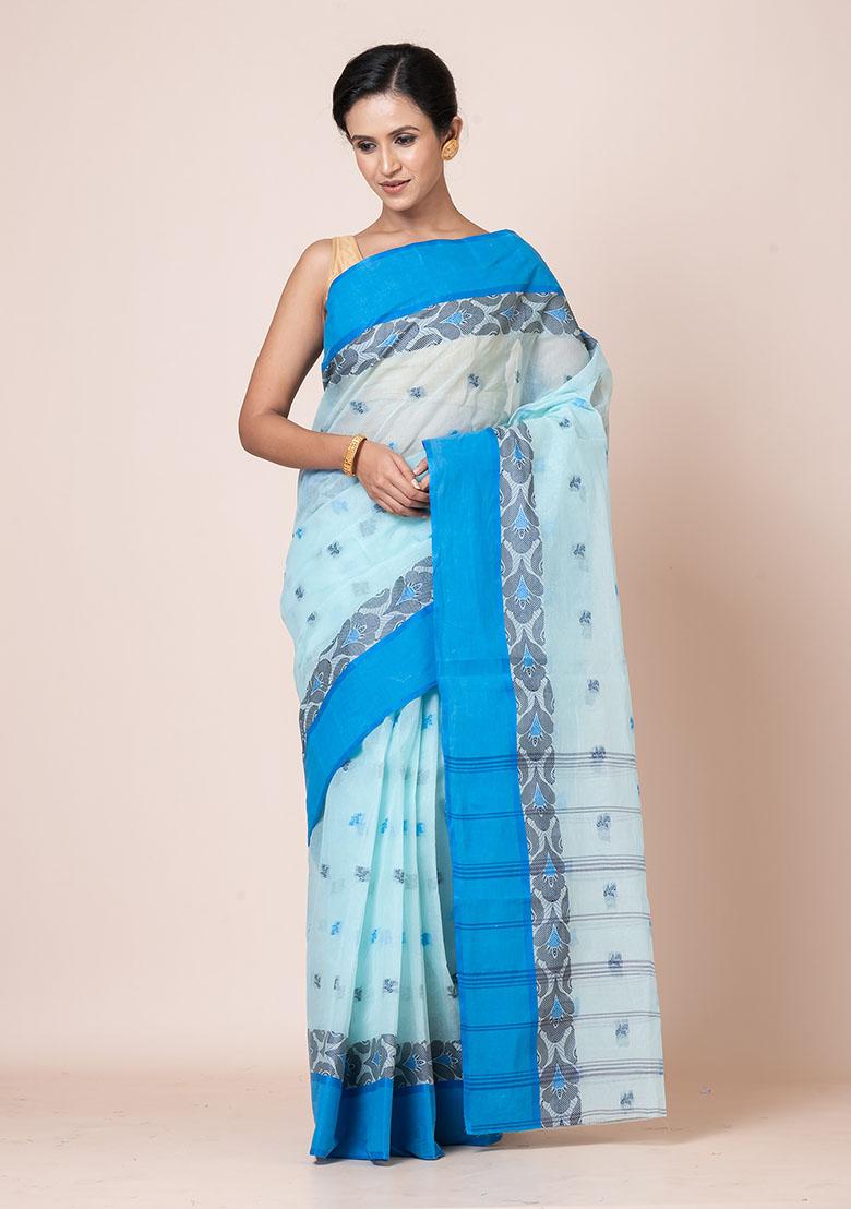 Sea Green Buti Work Cotton Saree (Without Blouse)