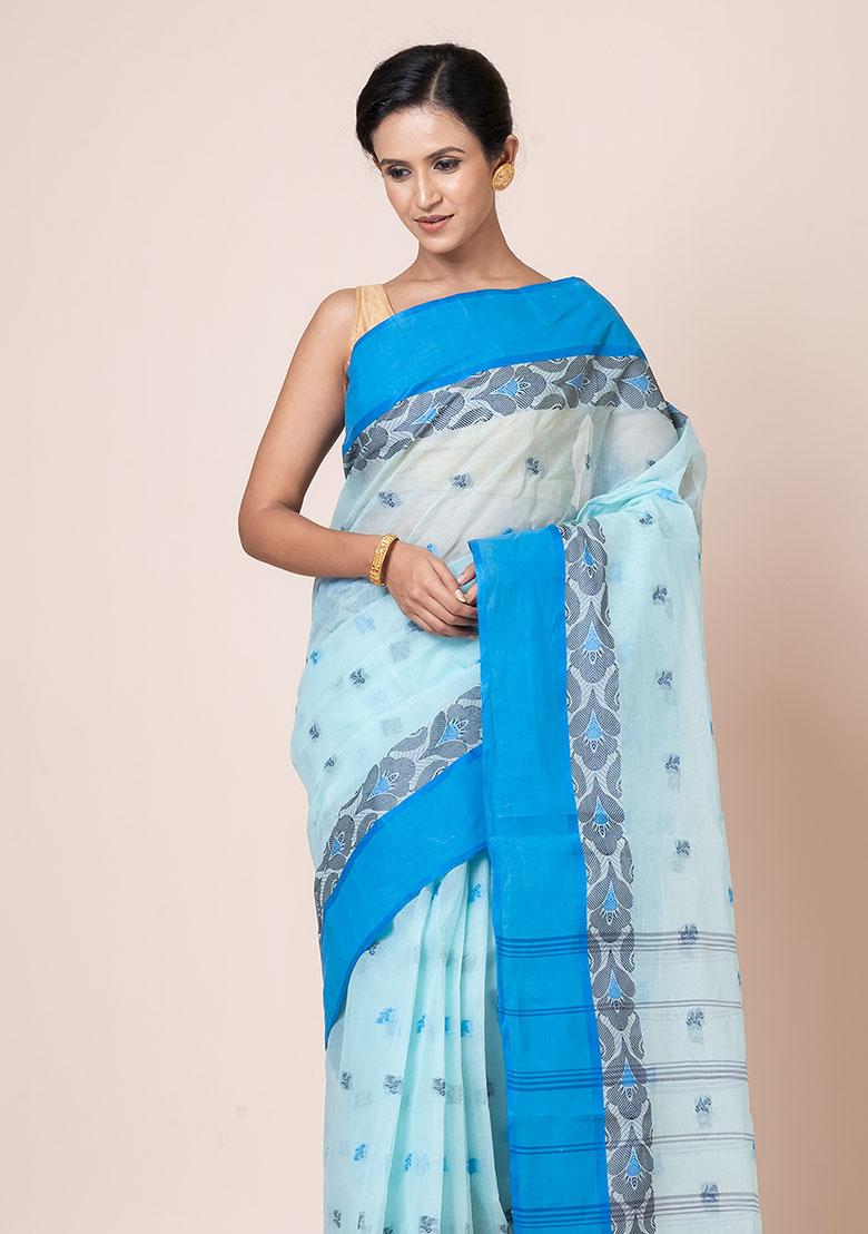 Sea Green Buti Work Cotton Saree (Without Blouse)