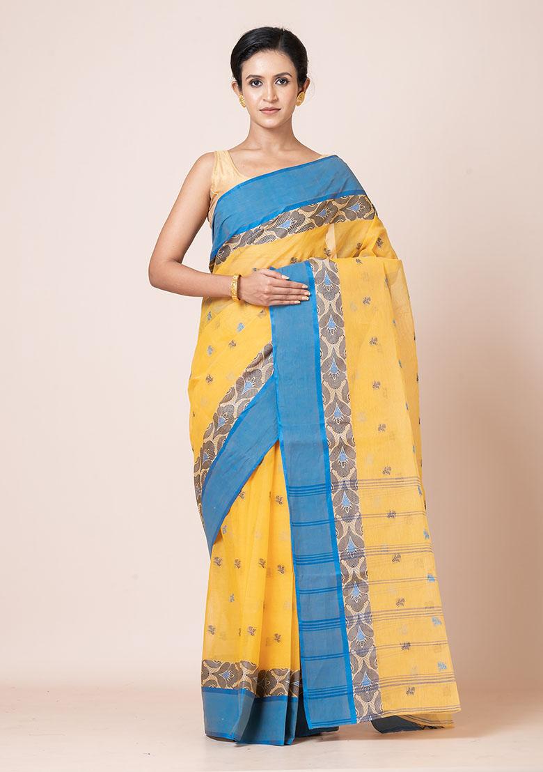 Yellow Buti Work Cotton Saree (Without Blouse)