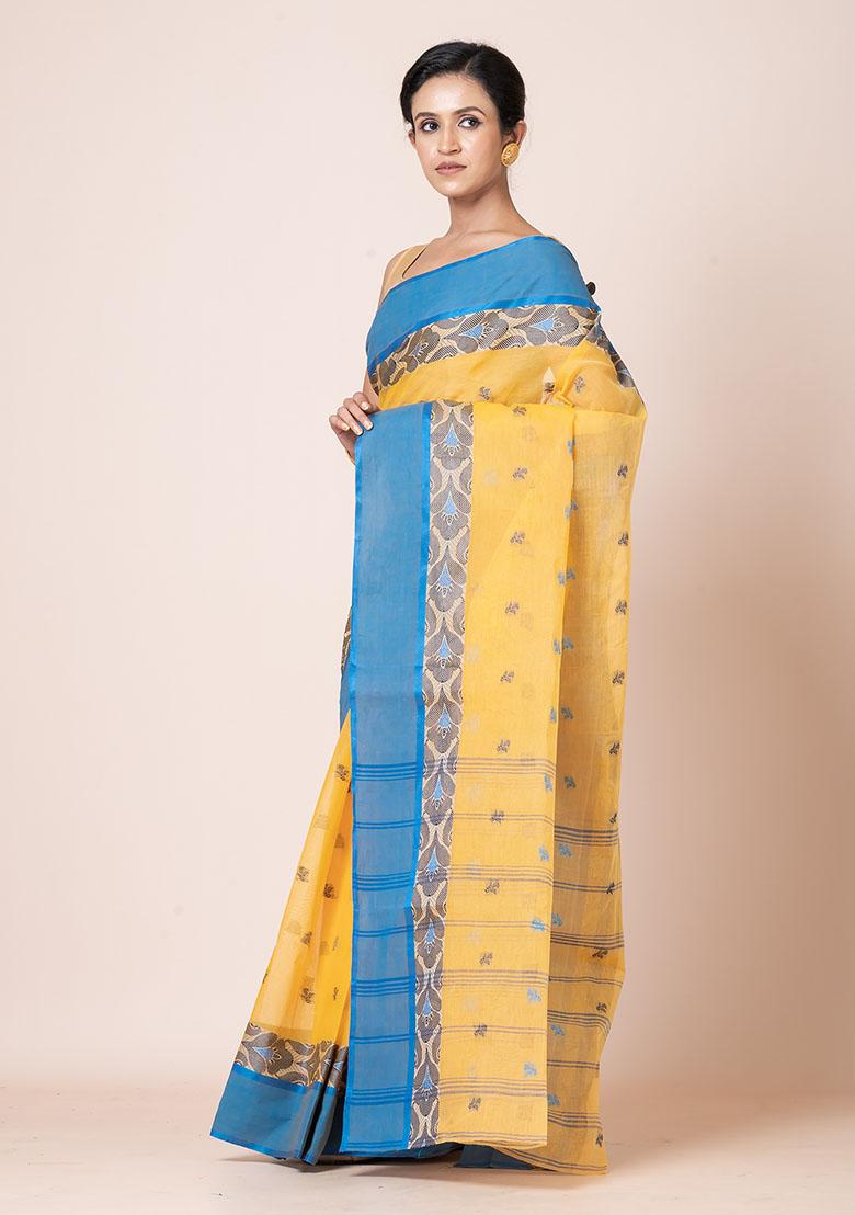 Yellow Buti Work Cotton Saree (Without Blouse)