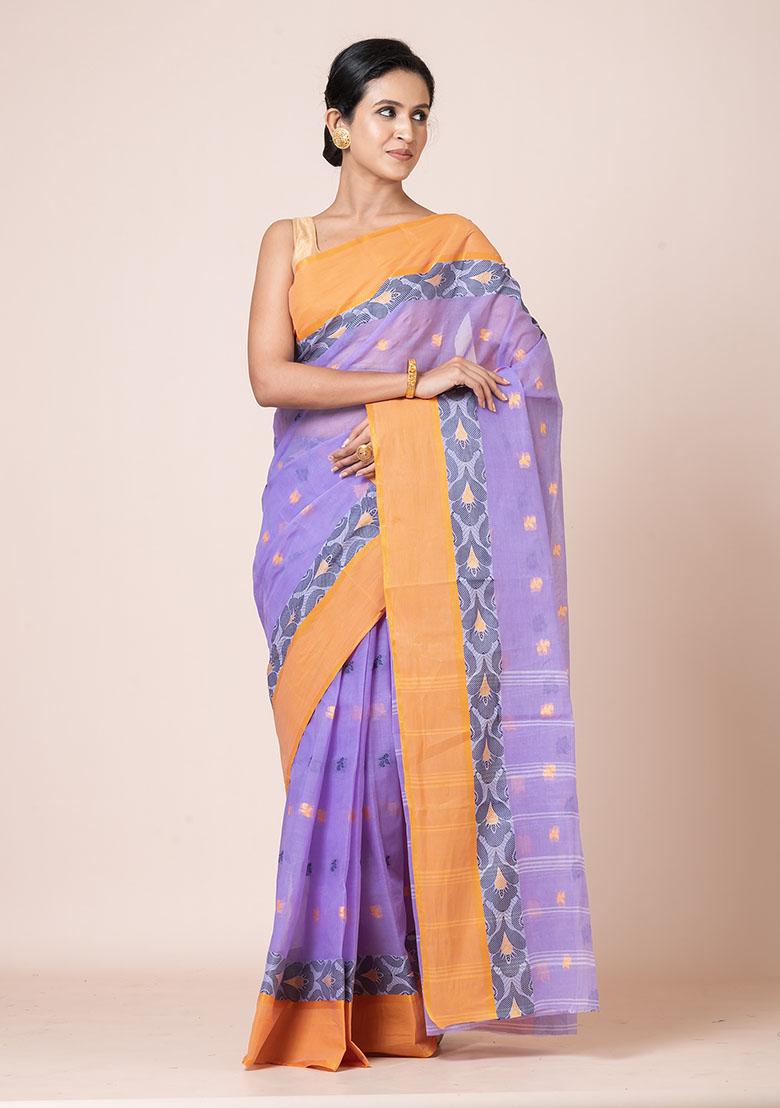 Purple Buti Work Cotton Saree (Without Blouse)