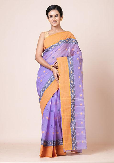 Purple Buti Work Cotton Saree (Without Blouse)