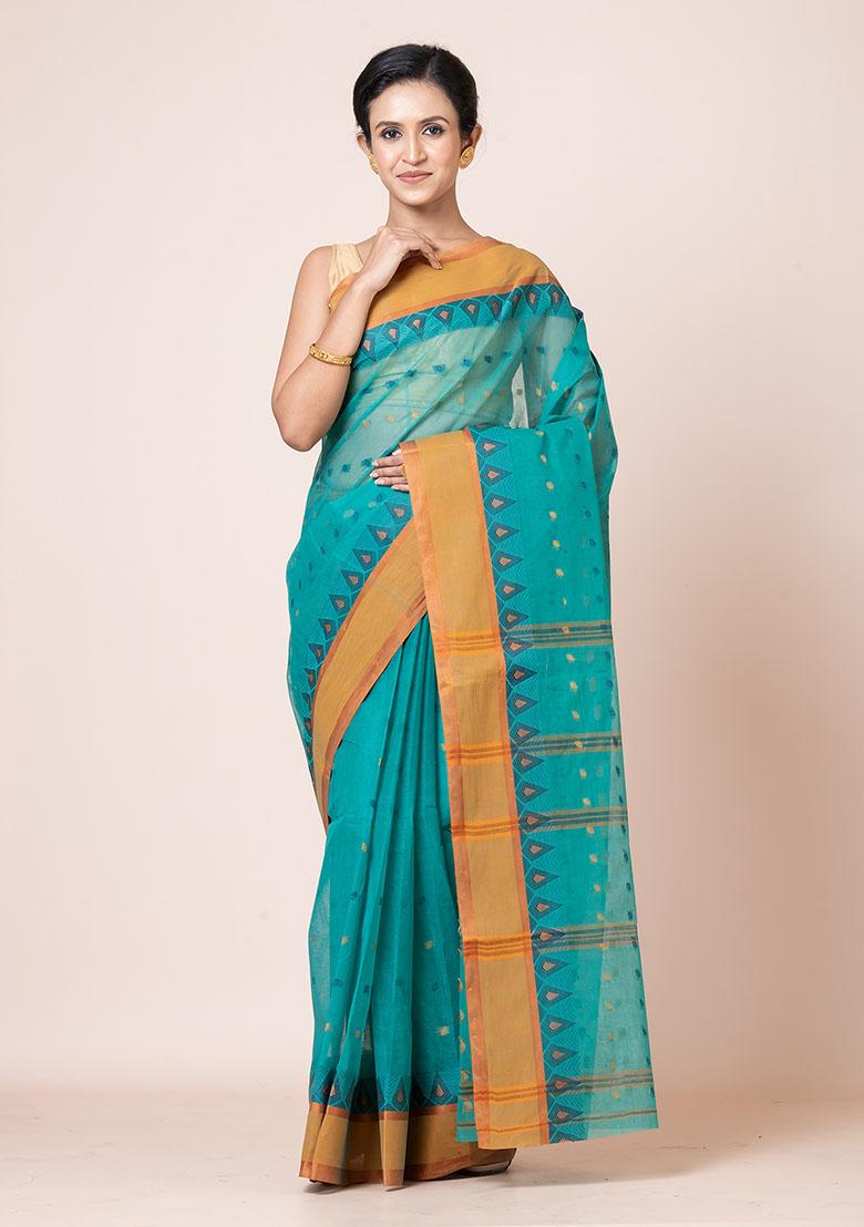 Sea Green Buti Work Cotton Saree (Without Blouse)