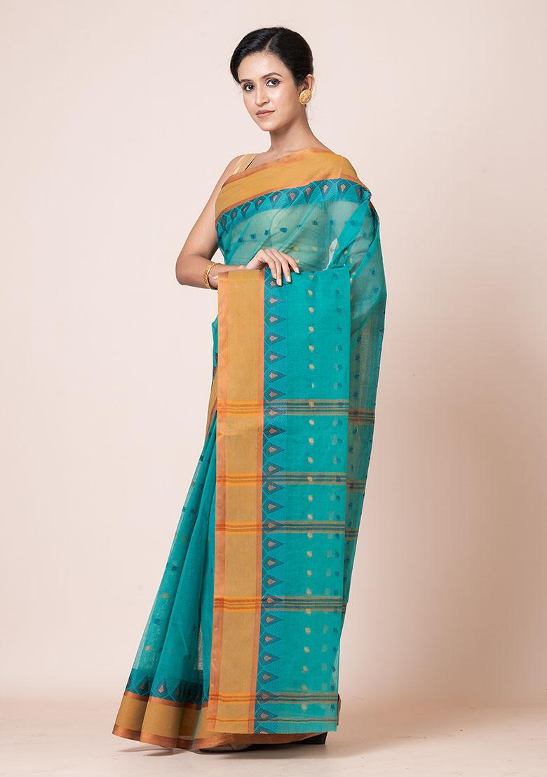 Sea Green Buti Work Cotton Saree (Without Blouse)