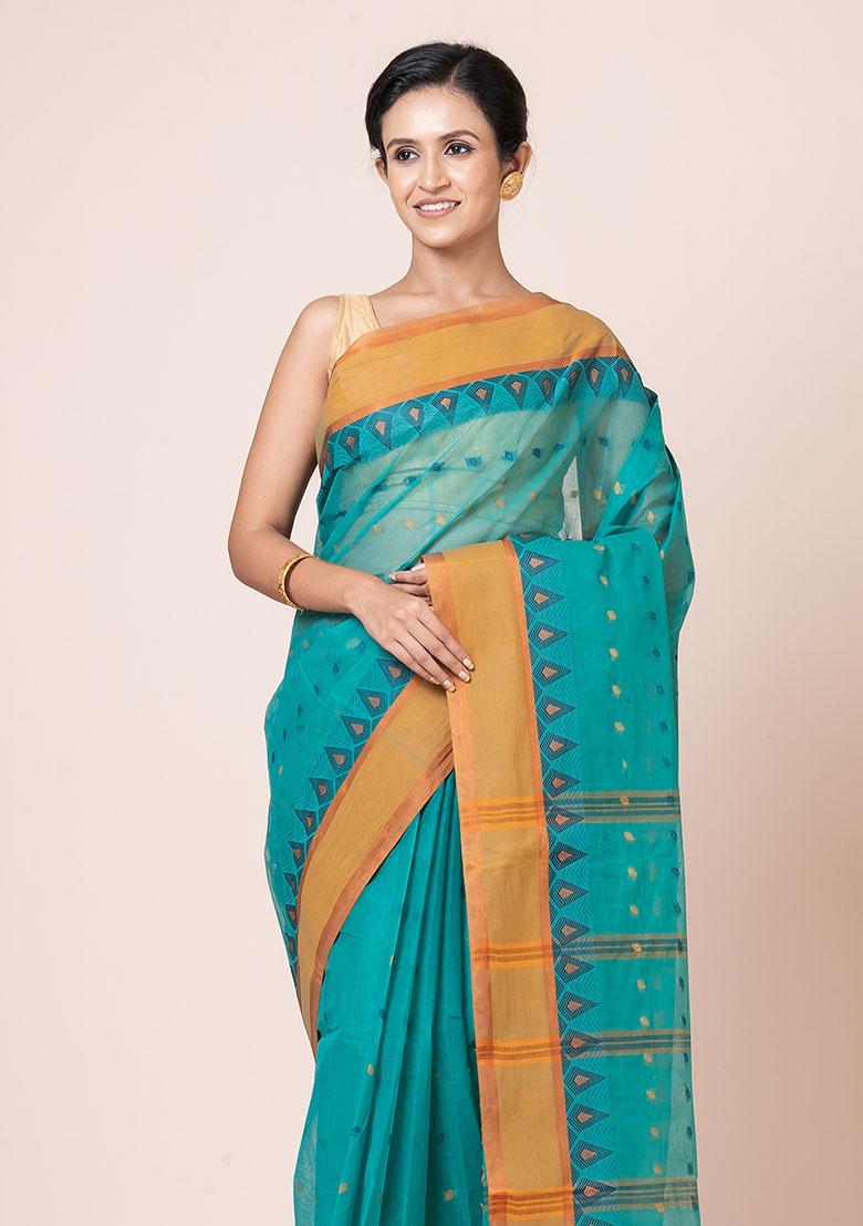 Sea Green Buti Work Cotton Saree (Without Blouse)