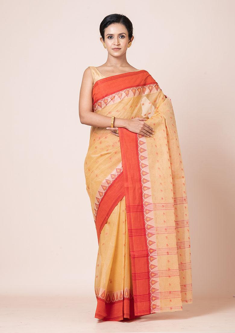 Beige Buti Work Cotton Saree (Without Blouse)