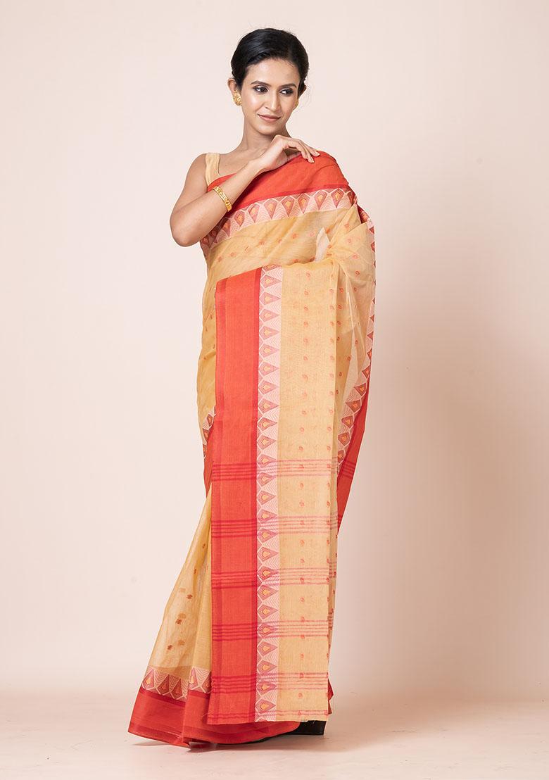 Beige Buti Work Cotton Saree (Without Blouse)
