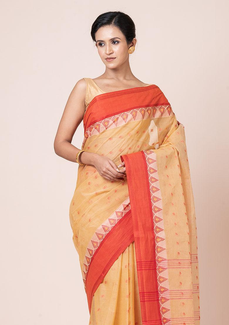Beige Buti Work Cotton Saree (Without Blouse)