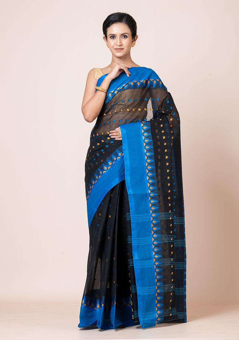 Black Buti Work Cotton Saree (Without Blouse)