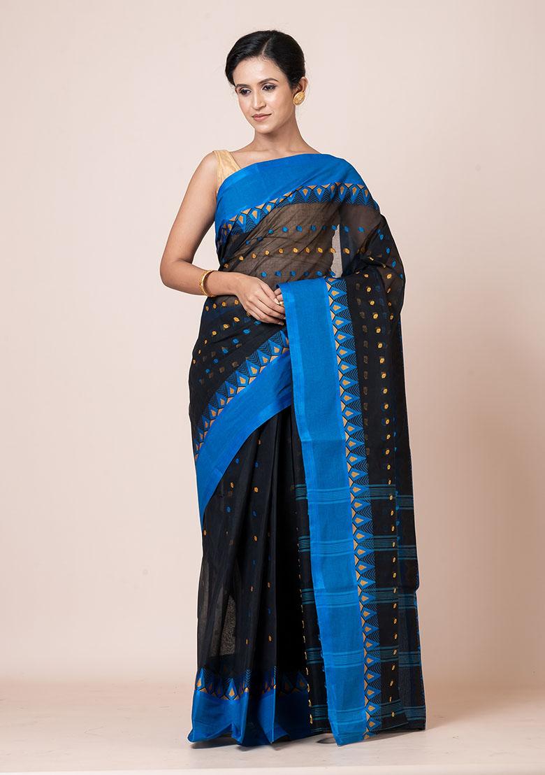 Black Buti Work Cotton Saree (Without Blouse)
