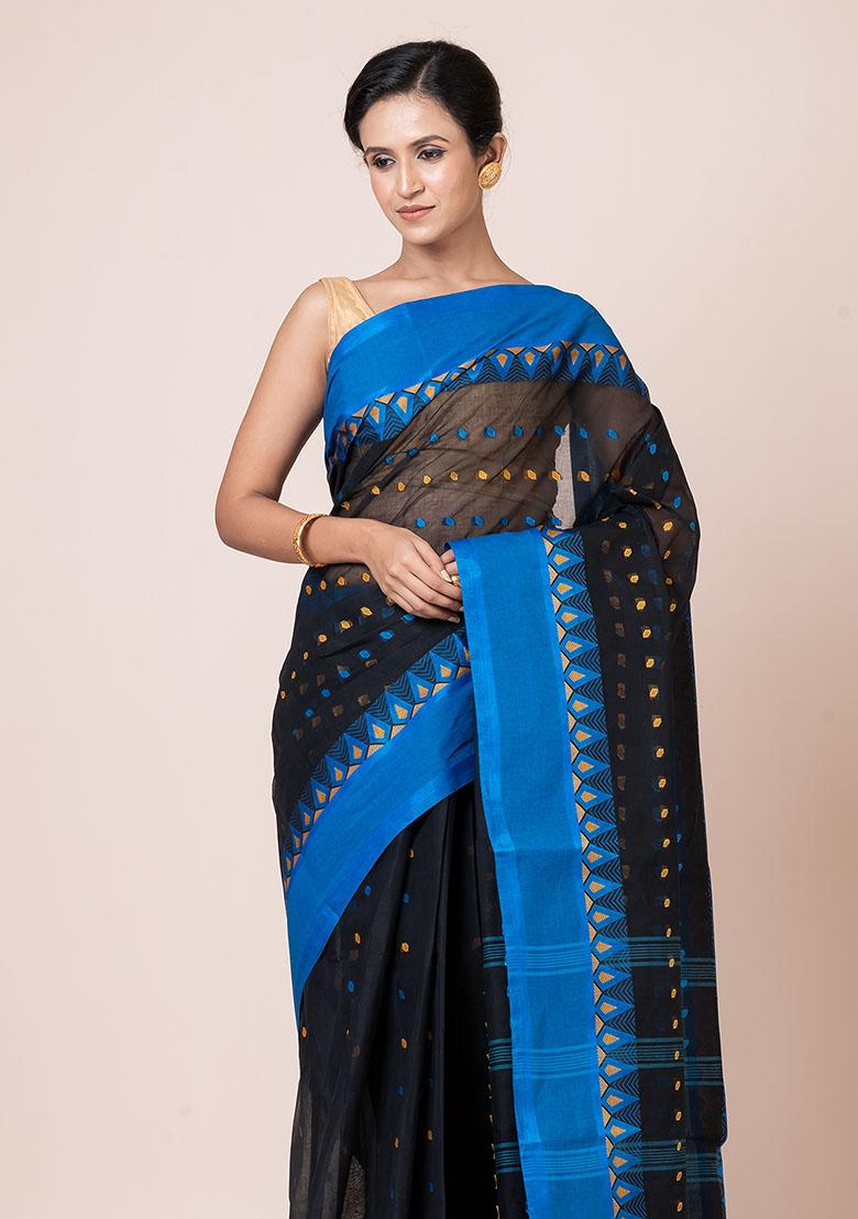 Black Buti Work Cotton Saree (Without Blouse)