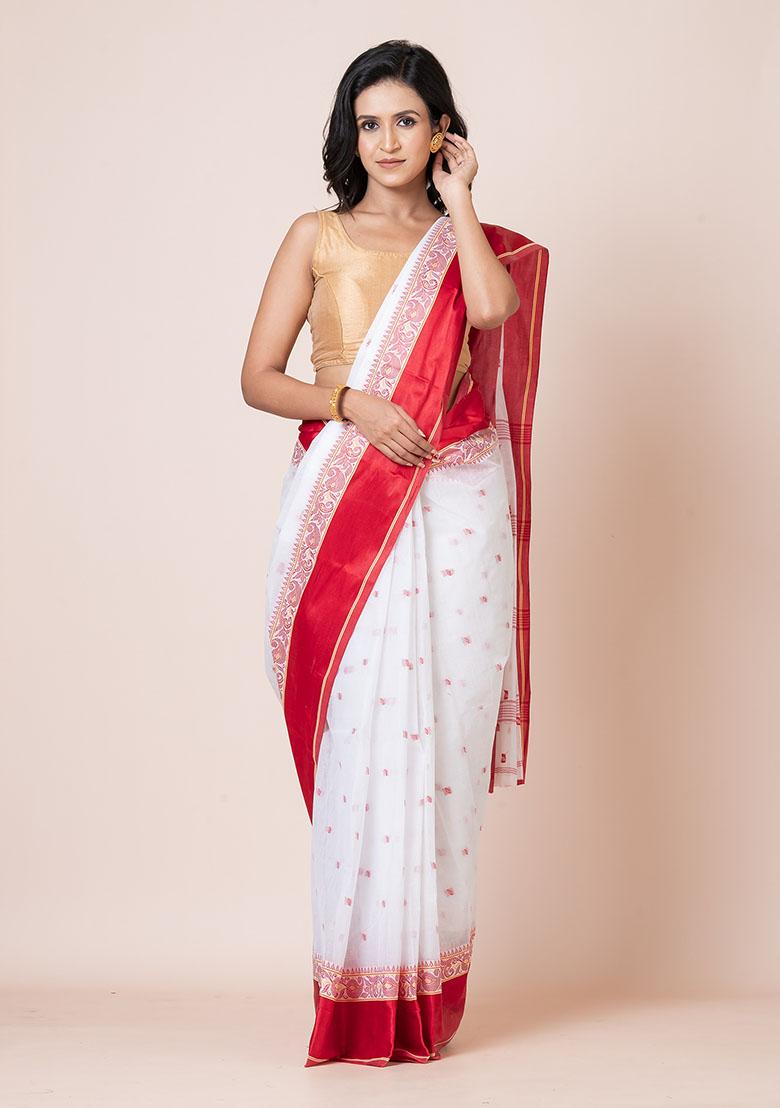 White Printed Cotton Saree (Without Blouse)