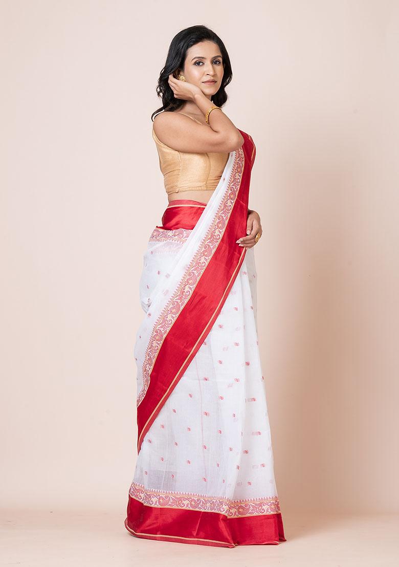 White Printed Cotton Saree (Without Blouse)