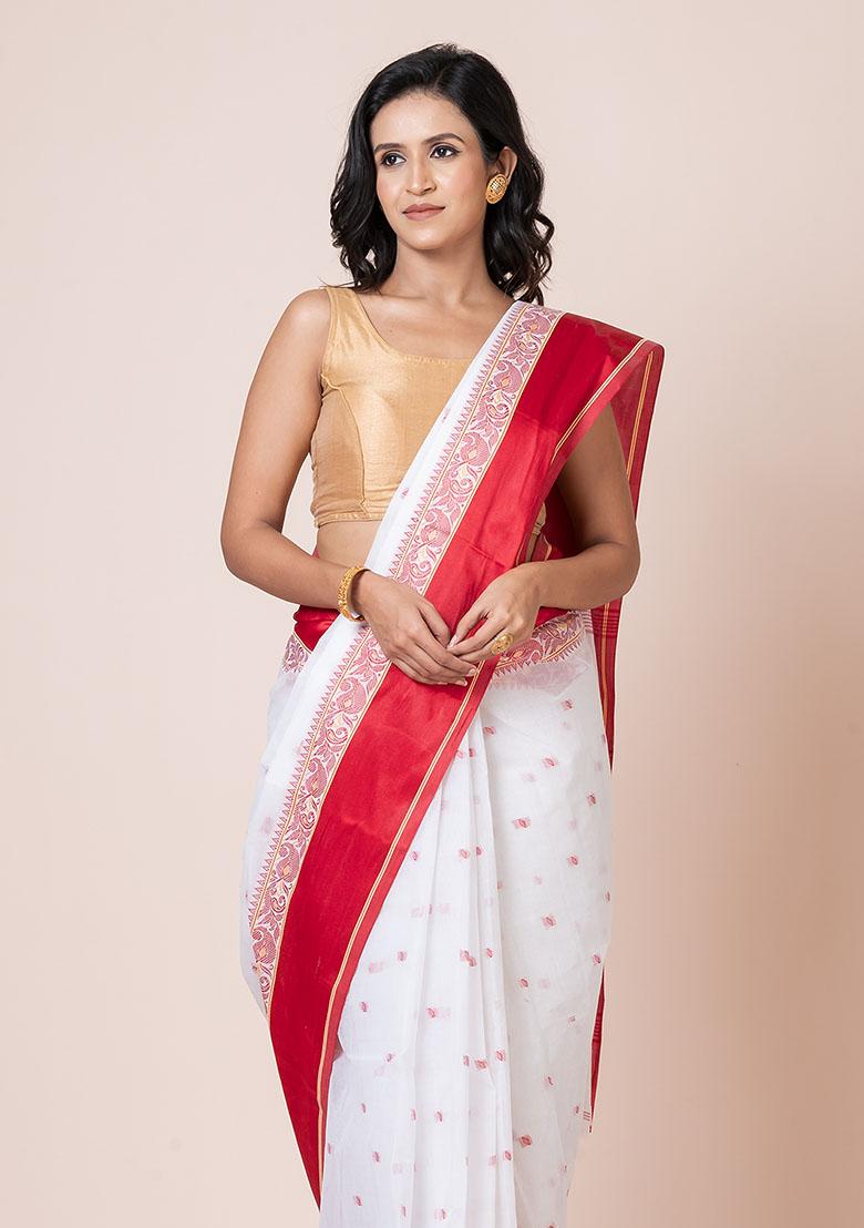 White Printed Cotton Saree (Without Blouse)