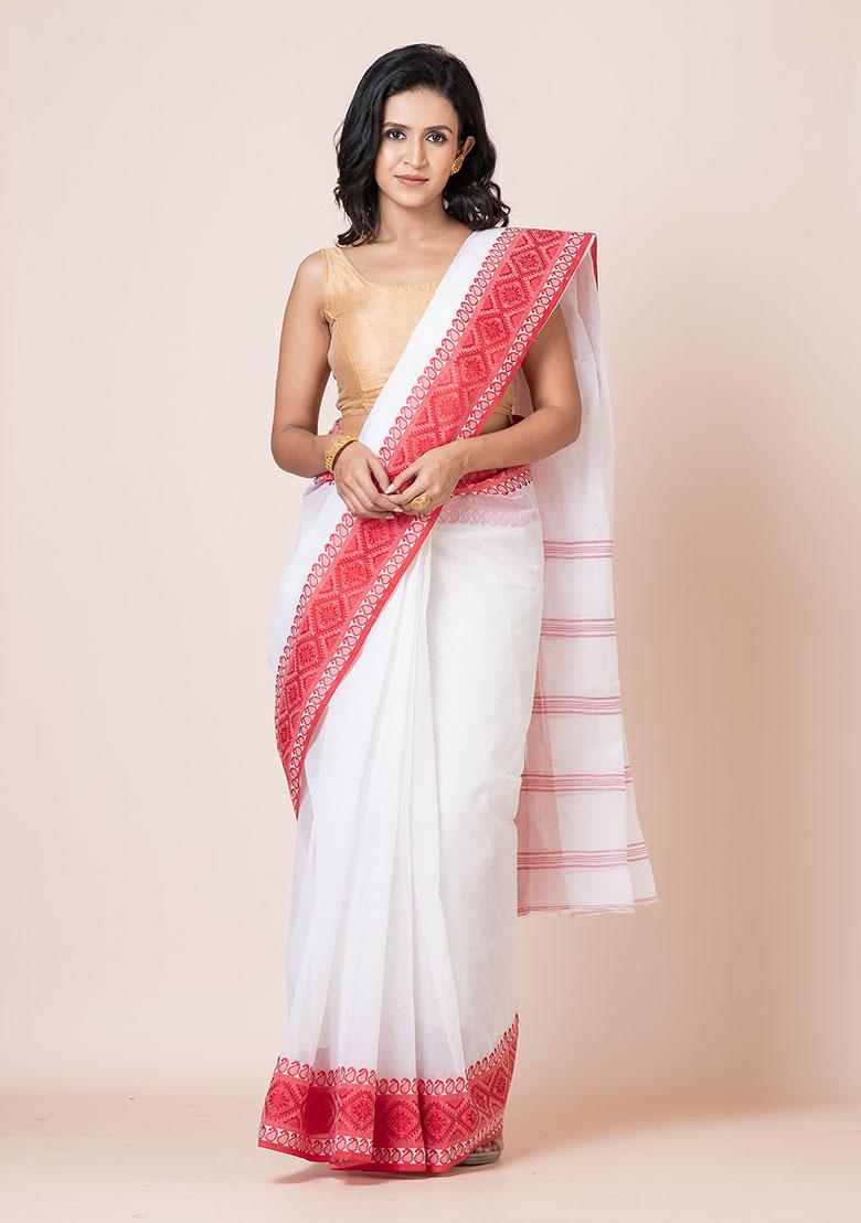 White Printed Cotton Saree (Without Blouse)