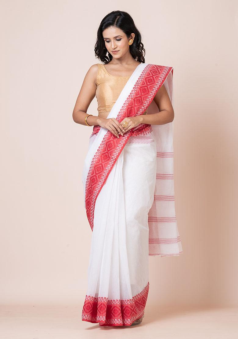 White Printed Cotton Saree (Without Blouse)