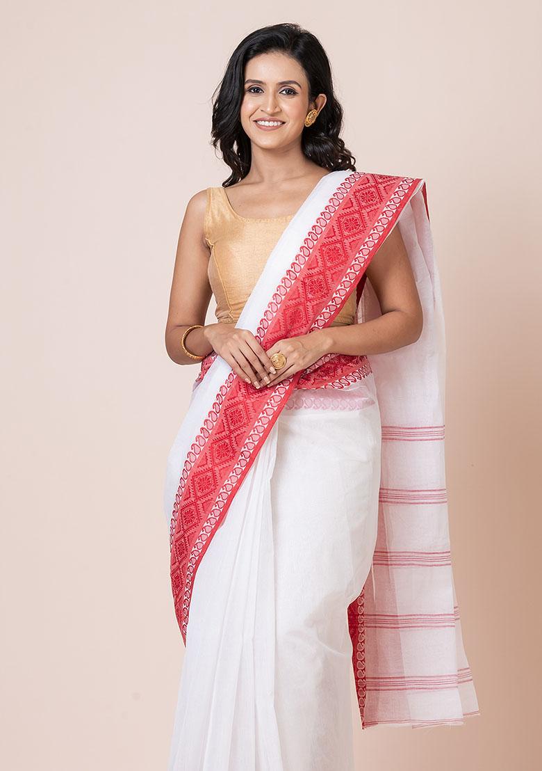 White Printed Cotton Saree (Without Blouse)