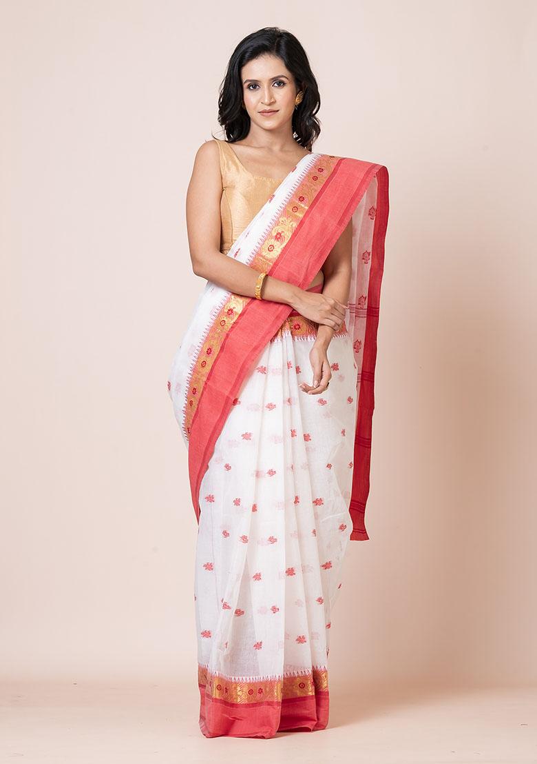 White Zari Work Cotton Saree (Without Blouse)
