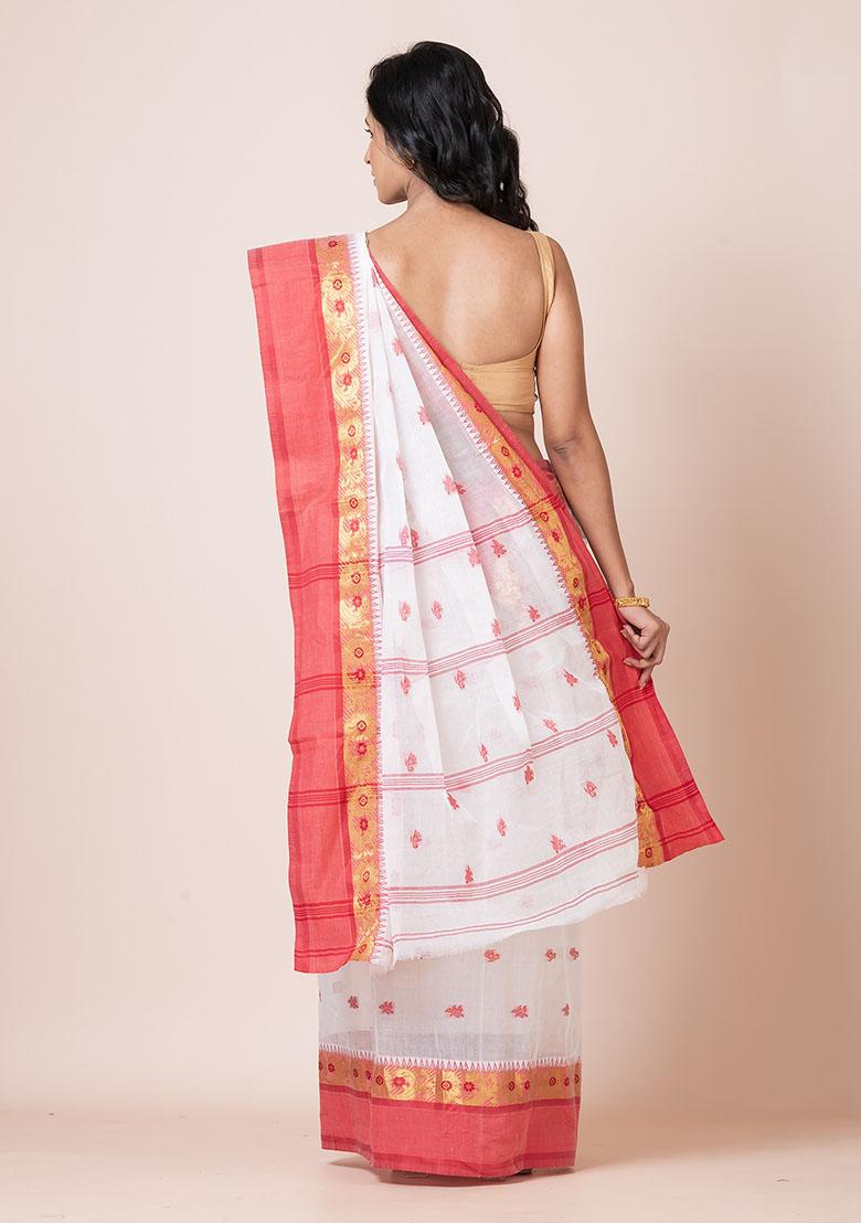 White Zari Work Cotton Saree (Without Blouse)