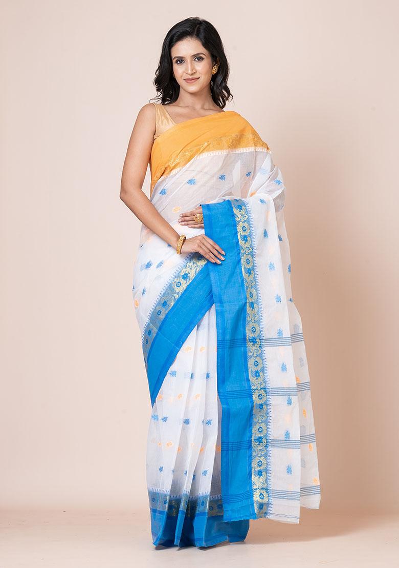 White Buti Work Cotton Saree (Without Blouse)