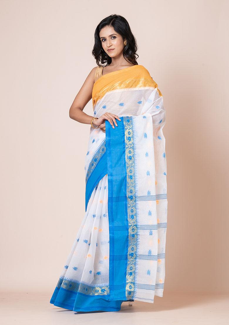 White Buti Work Cotton Saree (Without Blouse)