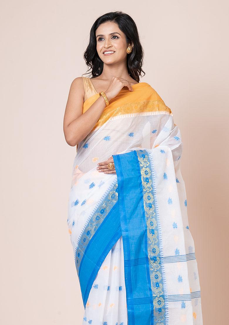 White Buti Work Cotton Saree (Without Blouse)