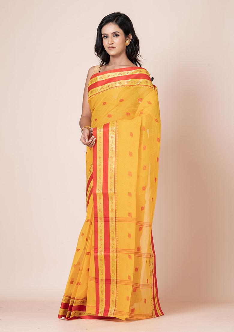 Yellow Zari Work Cotton Saree (Without Blouse)