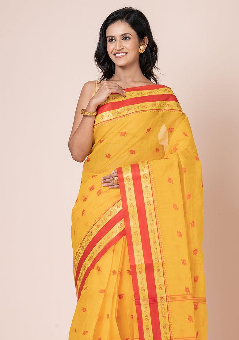 Yellow Zari Work Cotton Saree (Without Blouse)