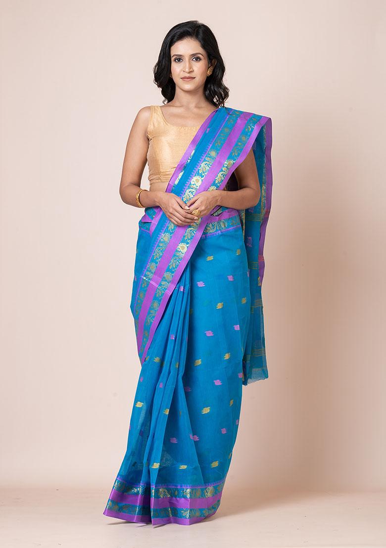 Sea Green Zari Work Cotton Saree (Without Blouse)