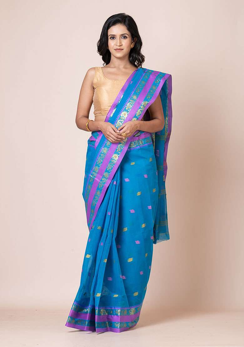 Sea Green Zari Work Cotton Saree (Without Blouse) - Indya