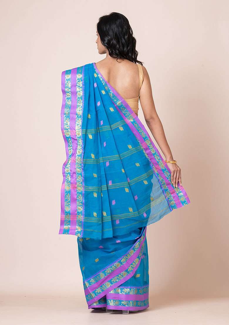 Sea Green Zari Work Cotton Saree (Without Blouse) - Indya