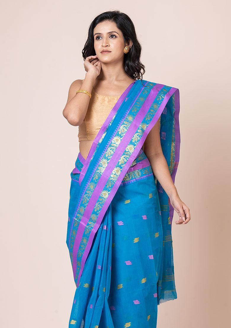 Sea Green Zari Work Cotton Saree (Without Blouse)