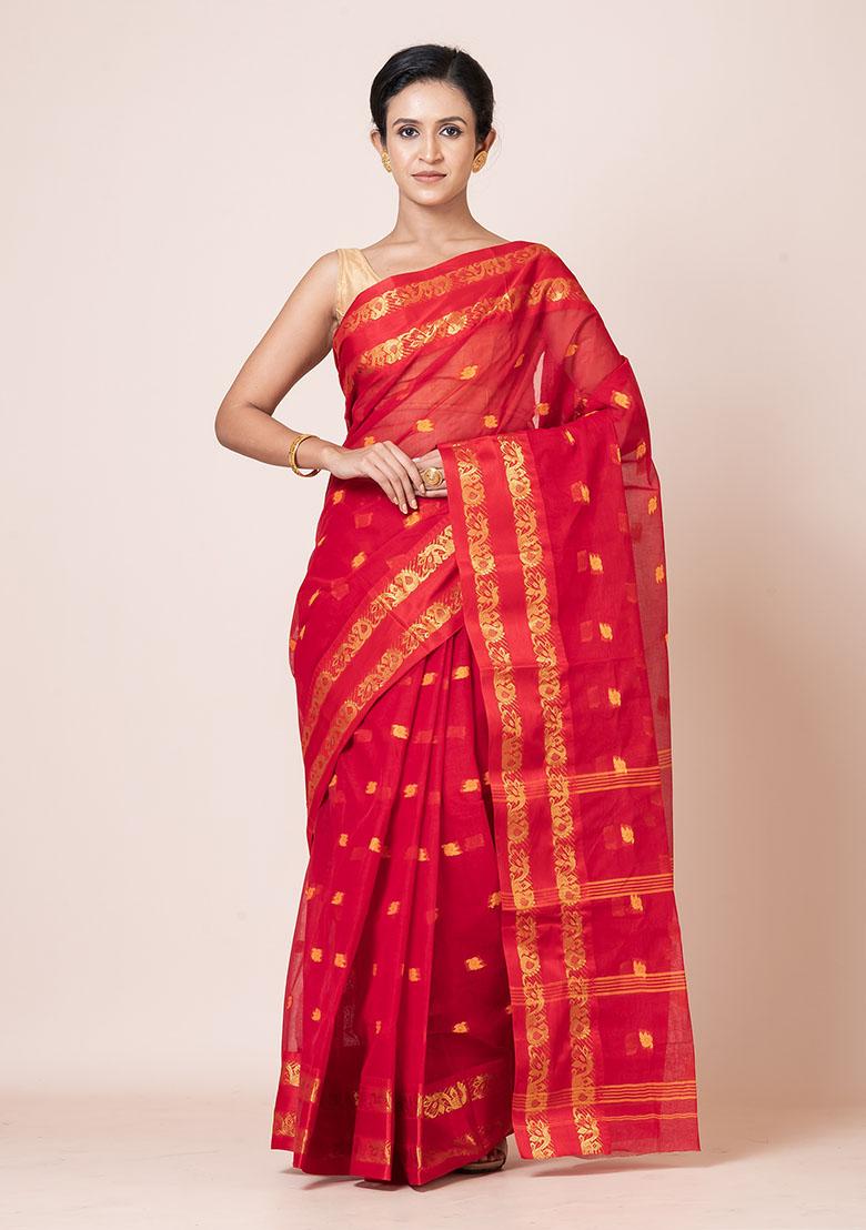 Red Zari Work Cotton Saree (Without Blouse)