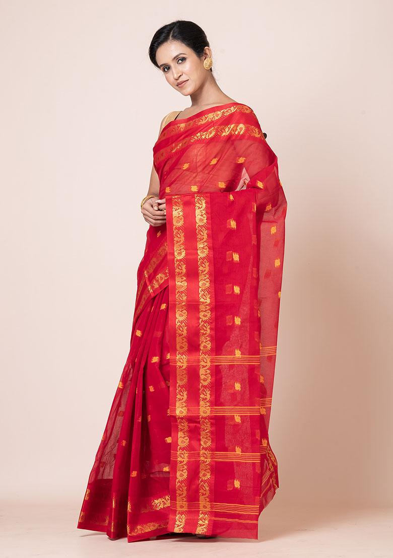 Red Zari Work Cotton Saree (Without Blouse)