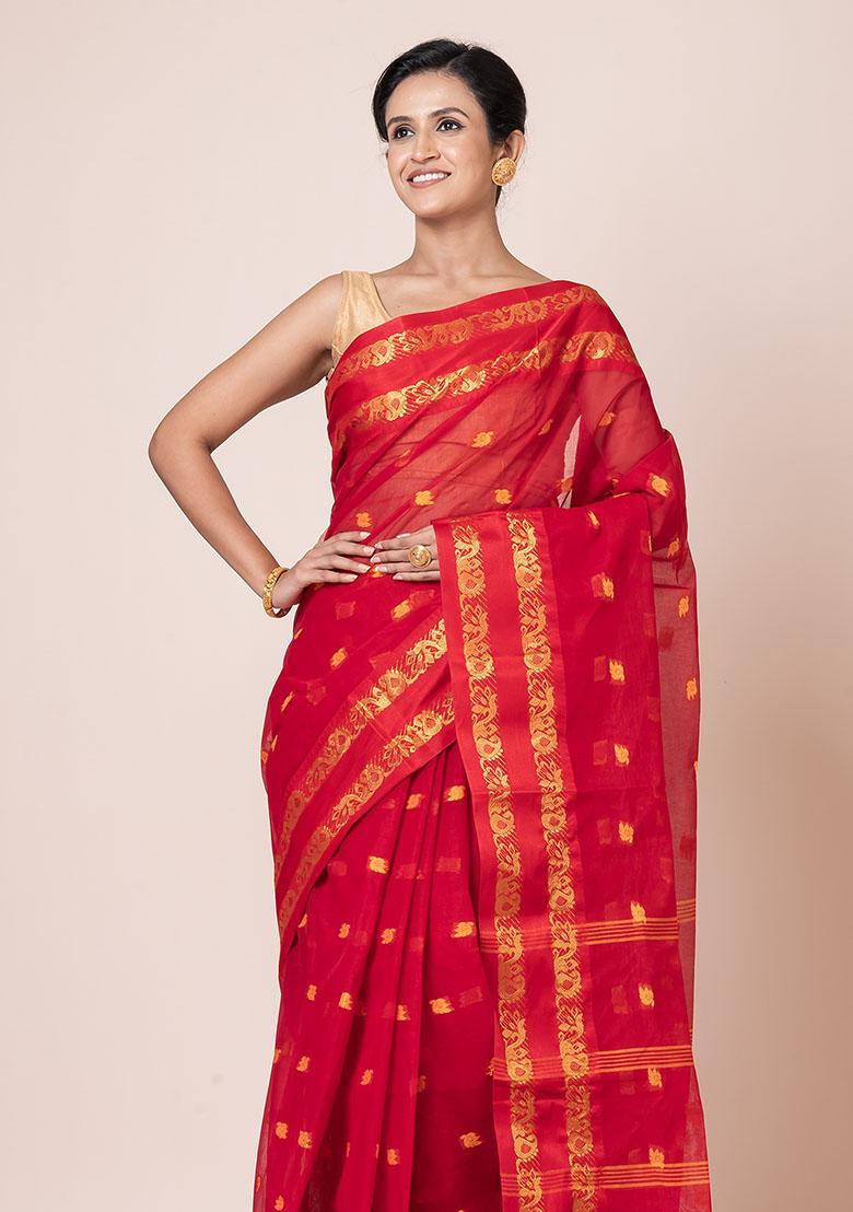 Red Zari Work Cotton Saree (Without Blouse)