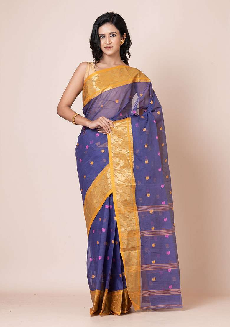 Blue Zari Work Cotton Saree (Without Blouse) - Indya