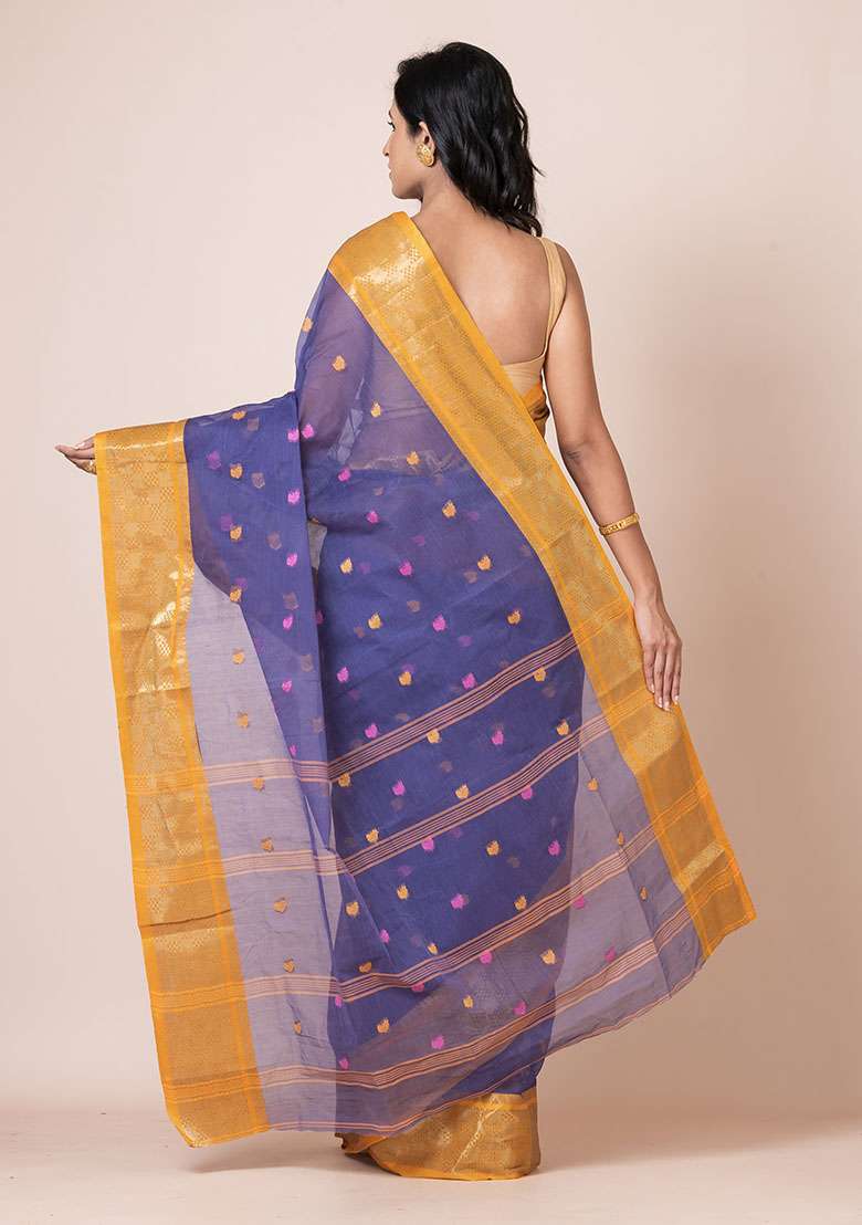 Blue Zari Work Cotton Saree (Without Blouse) - Indya
