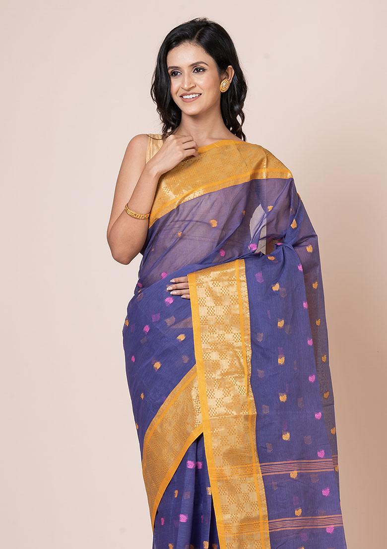 Blue Zari Work Cotton Saree (Without Blouse)